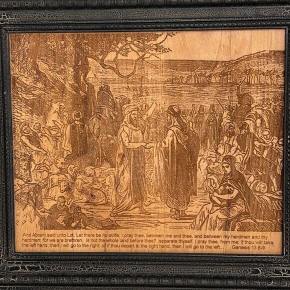 Handmade Wood Burned Artwork 14” X 12 1/4” Brown Wall Framed Bible Scene Signed - Picture 3 of 9